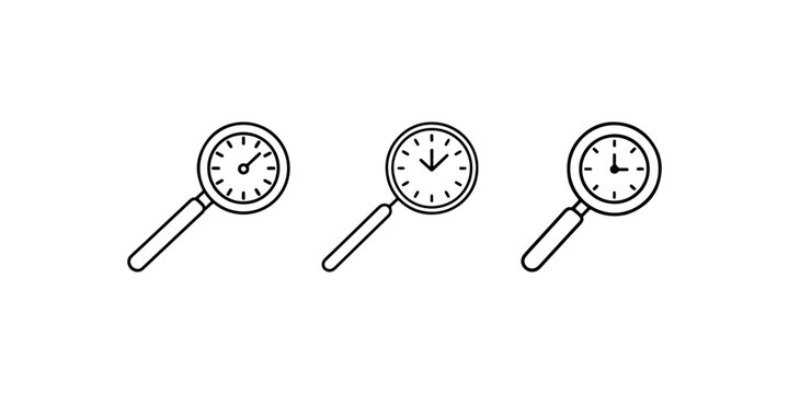 Magnifying glass examining clock faces illustration featuring precise time measurement symbols for research analytics planning management and schedule tracking.