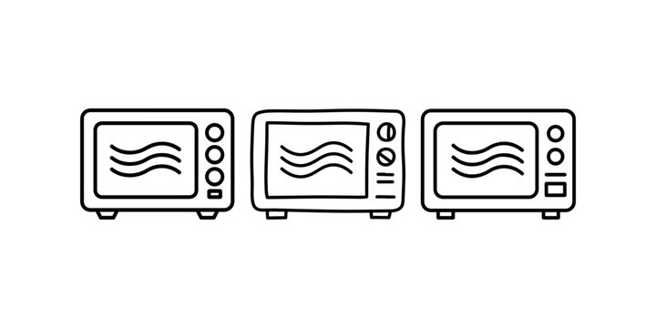 Three line art drawings of microwaves with a wavy line inside a rectangle on a white background, suggesting heat or cooking process.