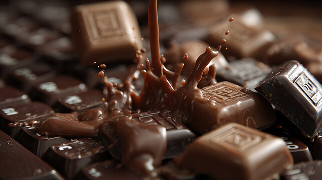 Chocolate candies melting on keyboard with brown liquid splashing