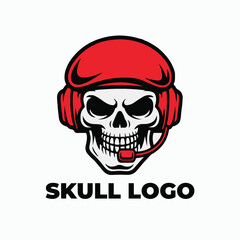 Fototapeta premium Grimacing Skull with Red Headphones in Bold Black and Red Vector Logo Style, Minimalist black and red skull wearing headphones in a striking vector logo design.