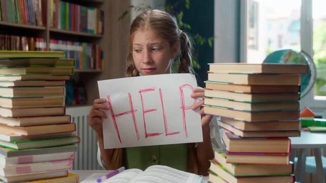 Stressed Caucasian little girl child kid showing paper banner with help text tired struggle with studying learning preparing for exams difficult homework in school pupil looking at camera study learn