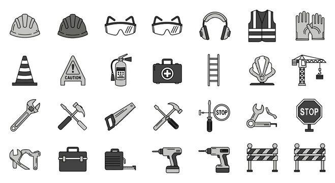 Construction safety equipment and tools collection, including hard hats, glasses, vests, gloves, and safety cones, representing industrial work.