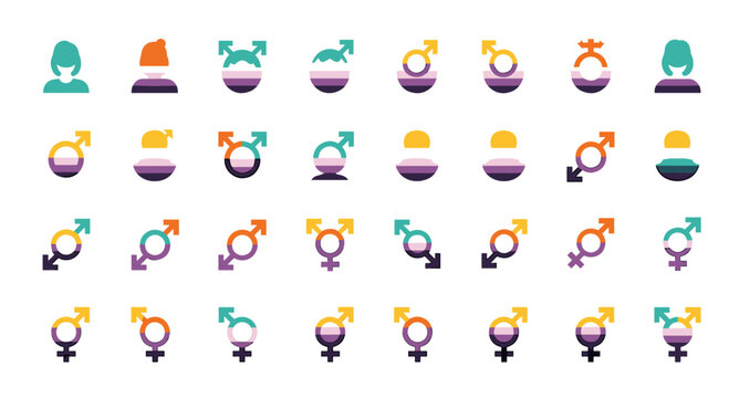 Diverse Gender Identity Symbols and Icons featuring Nonbinary, Transgender, and Genderfluid Flags and Combinations