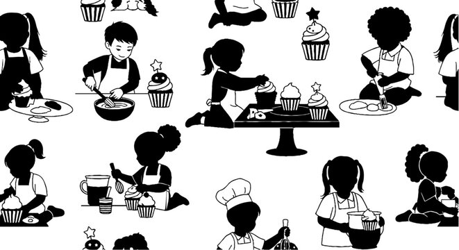 Young chefs baking and decorating cupcakes seamless pattern