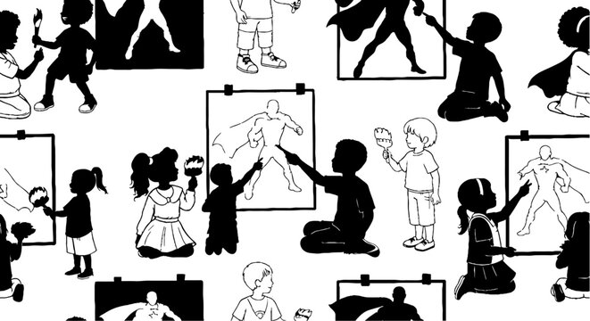 Children engaged in superhero art and painting activity