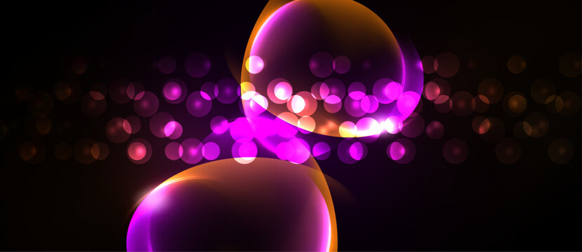 Bright glowing orbs overlap dark background. Vivid purple, orange hues create abstract light effect. Bokeh adds depth.