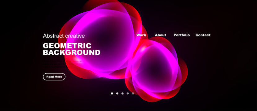 Dark background features vibrant pink abstract shapes. Website navigation includes work, about, portfolio, contact options. Read more button visible.