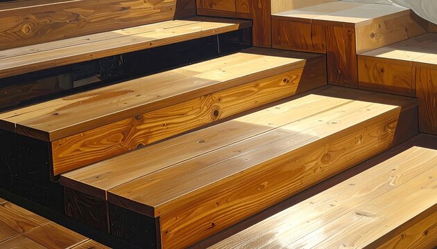 Close-up of Wooden Steps in Warm Sunlight.