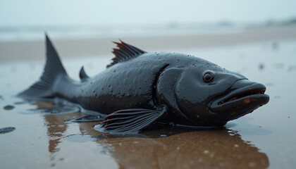 Obraz premium Fish lying on wet sand by the shoreline on a cloudy day 