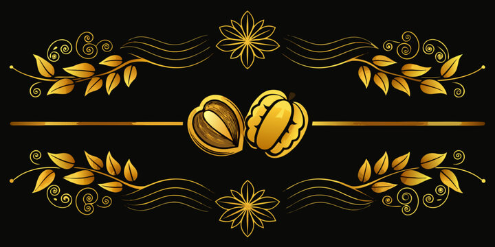 Golden ornamental frame with nutmeg spice illustration, vector