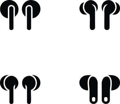 Four different black icon designs of wireless earbuds arranged in pairs for use in technology or communication concepts