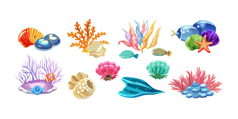 Fototapeta premium Colorful collection of marine corals and reef plants, vector