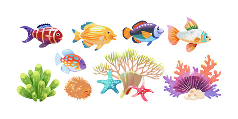 Obraz premium Colorful tropical fish and coral reef collection, vector