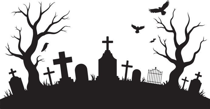 Silhouette of a spooky graveyard with tombstones, crosses, bare trees and flying crows