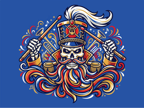 Skeleton Marching Band Drummer Wearing Shako Hat Holding Drumsticks Cartoon Illustration.