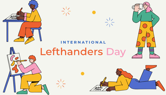 International Lefthanders Day, lefthanded people illustrations, diverse left-handed individuals, colorful vector graphics