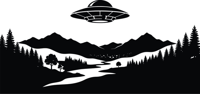 Ufo landscape silhouette vector for scifi mystery mountain poster