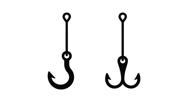 two fishing hooks shown in black silhouette hook white background simple graphic design outdoor sport equipment
