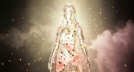 Obraz premium Ethereal transparent glass female statue glowing with golden sparkles inside soft pink mist.