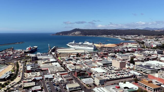 Aerial landing over Burnie city downtown CBD streets on Tasmania North Coast.