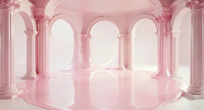 Surreal pink temple ruins with melting liquid floor for fashion background.

