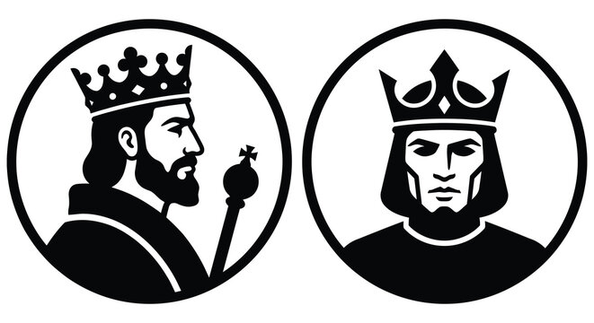 king profiles in circular frames silhouette profile frame monarch royalty crown scepter beard face black white