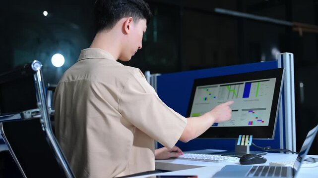 Asian businessman pointing at project timeline charts on a computer monitor while working late in the office.