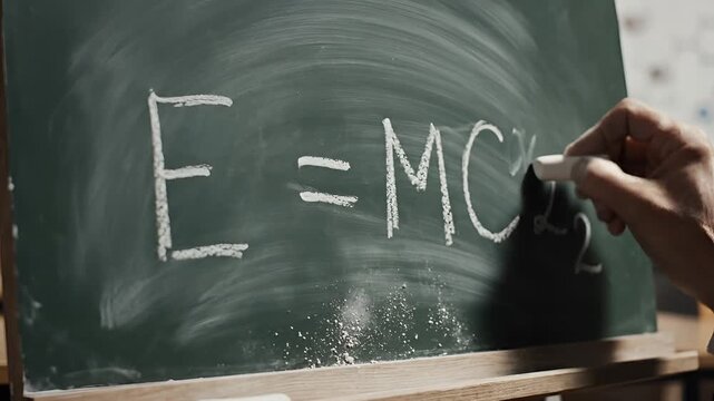 Einsteins Famous Equation EMC2 Written on a Chalkboard.