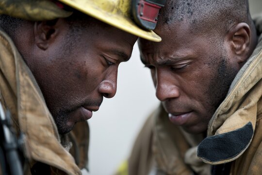 Two focused male firefighters in protective gear close-up portrait