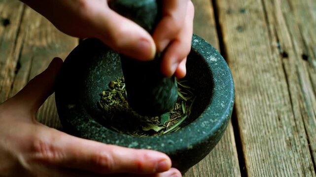 Hands crushing aromatic dried herbs in a stone mortar and pestle for cooking video motion clip
