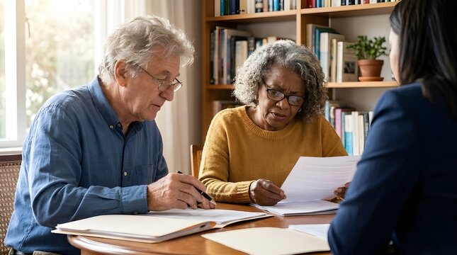 Elderly couple sitting at a wooden table reviewing important legal documents with their professional financial advisor