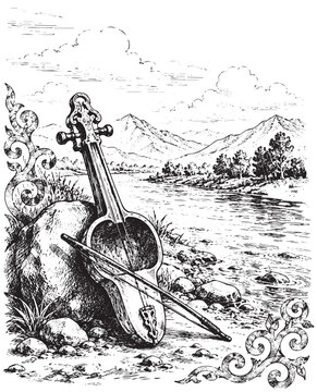 Kazakh Kobyz Traditional Musical Instrument Hand Drawn Sketch