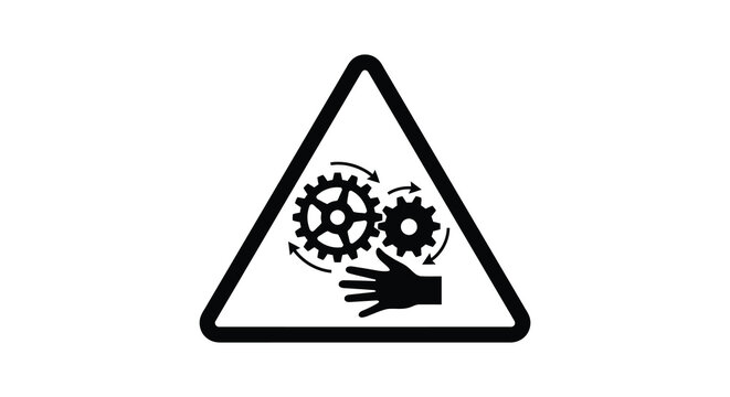 warning sign with gears and hand silhouette triangle safety industrial machine caution symbol black white graphic