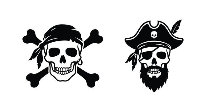 pirate skull and crossbones silhouette skeleton bones hat beard eye patch bandana feather piracy treasure adventure