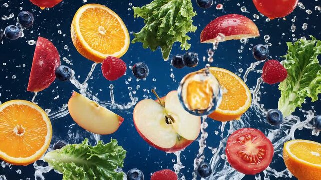 Fresh fruits and vegetables splashing in water on dark background