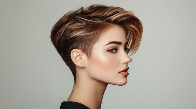 A stunning young woman with a perfect brown and blonde bixie haircut, full hairstyle visible from all angles, soft layered pixie-bob blend, warm honey blonde highlights on rich chocolate brown base