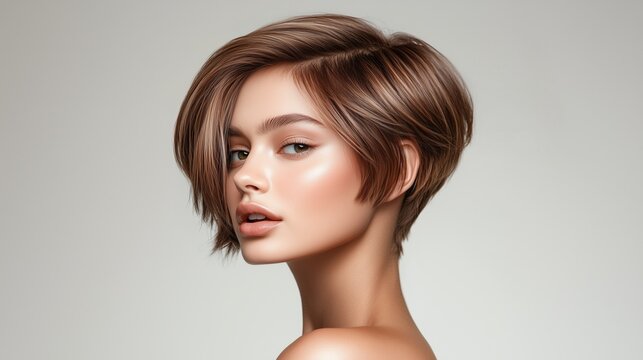 A stunning young woman with a perfect brown and blonde bixie haircut, full hairstyle visible from all angles, soft layered pixie-bob blend, warm honey blonde highlights on rich chocolate brown base