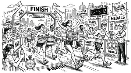 Obraz premium Marathon runners crossing the finish line in a black and white hand drawn sketch illustration style