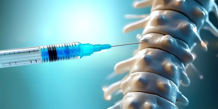 Syringe injecting fluid into spine vertebrae, demonstrating medical treatment for pain.