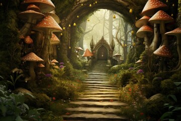 Fototapeta premium Fantasy forest steps ascending towards a magical gate surrounded by giant glowing mushrooms