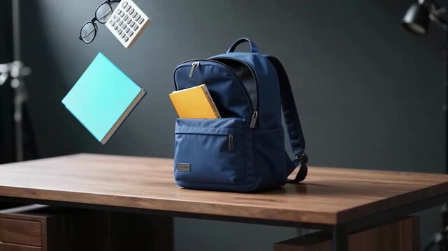 Blue backpack on wooden desk with floating office supplies in this magical digital animation footage