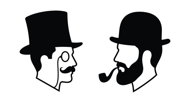 two men in hats and facial hair silhouette top hat bowler mustache beard pipe monocle profile