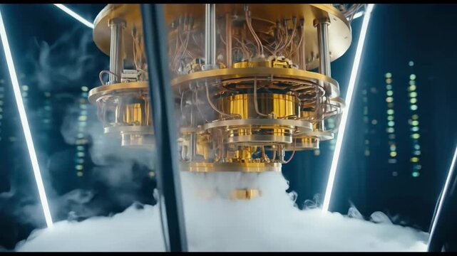 Gold quantum computer emitting cold mist in high tech laboratory