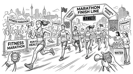 Obraz premium Marathon runners crossing the finish line in a city race event with cheering crowds and banners