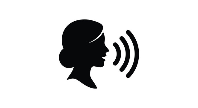 woman speaking with sound waves silhouette profile voice communication icon graphic black white background simple minimalist