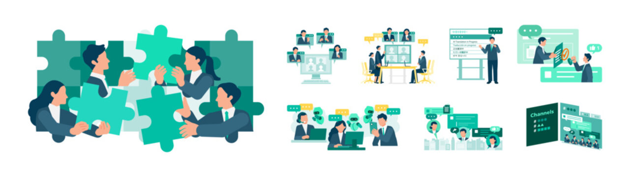 Modern business people seamlessly connecting through smart technology tools, enhancing workplace communication with AI chatbots, digital signage, and business messaging flat illustration set