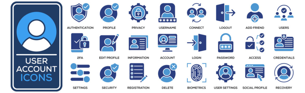 User Account Icon Set Collection. Containing Design User, Account, Password, Login, Username