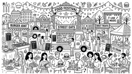 Obraz premium Food festival doodle illustration featuring street food trucks with people eating and enjoying outdoor events