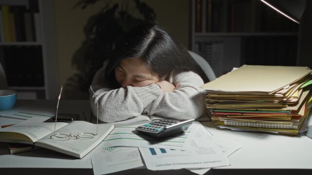 Woman resting head on arms over open book with calculator and stacked folders at desk in building; tiredness study stress.