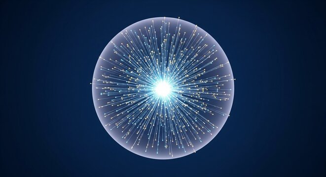 Abstract glowing blue energy sphere with light particles exploding inside a transparent glass ball for technology and science background